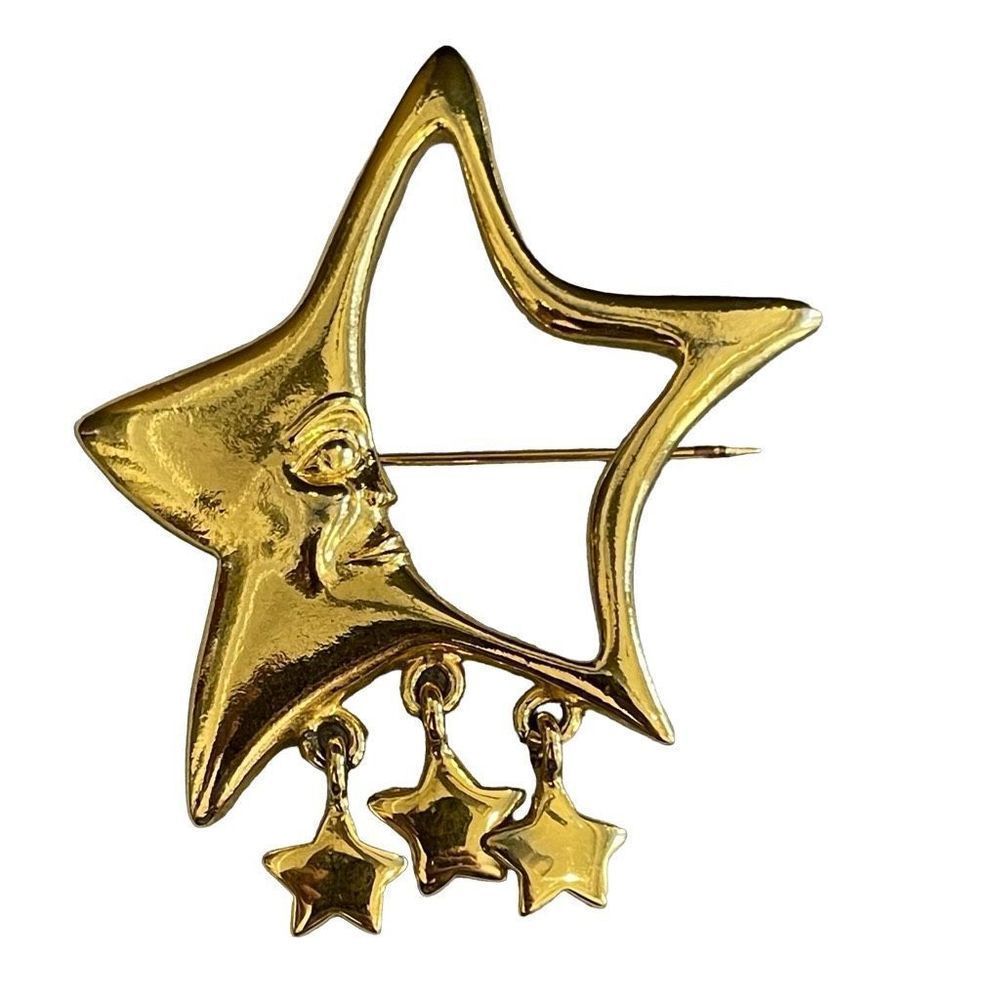 Vintage Casualcorner Moon Star Celestial Dangle Brooch Pin Gold Tone 2